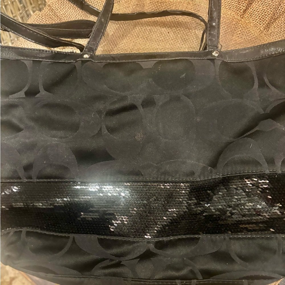 Coach Signature Stripe Black Sequin Tote Bag